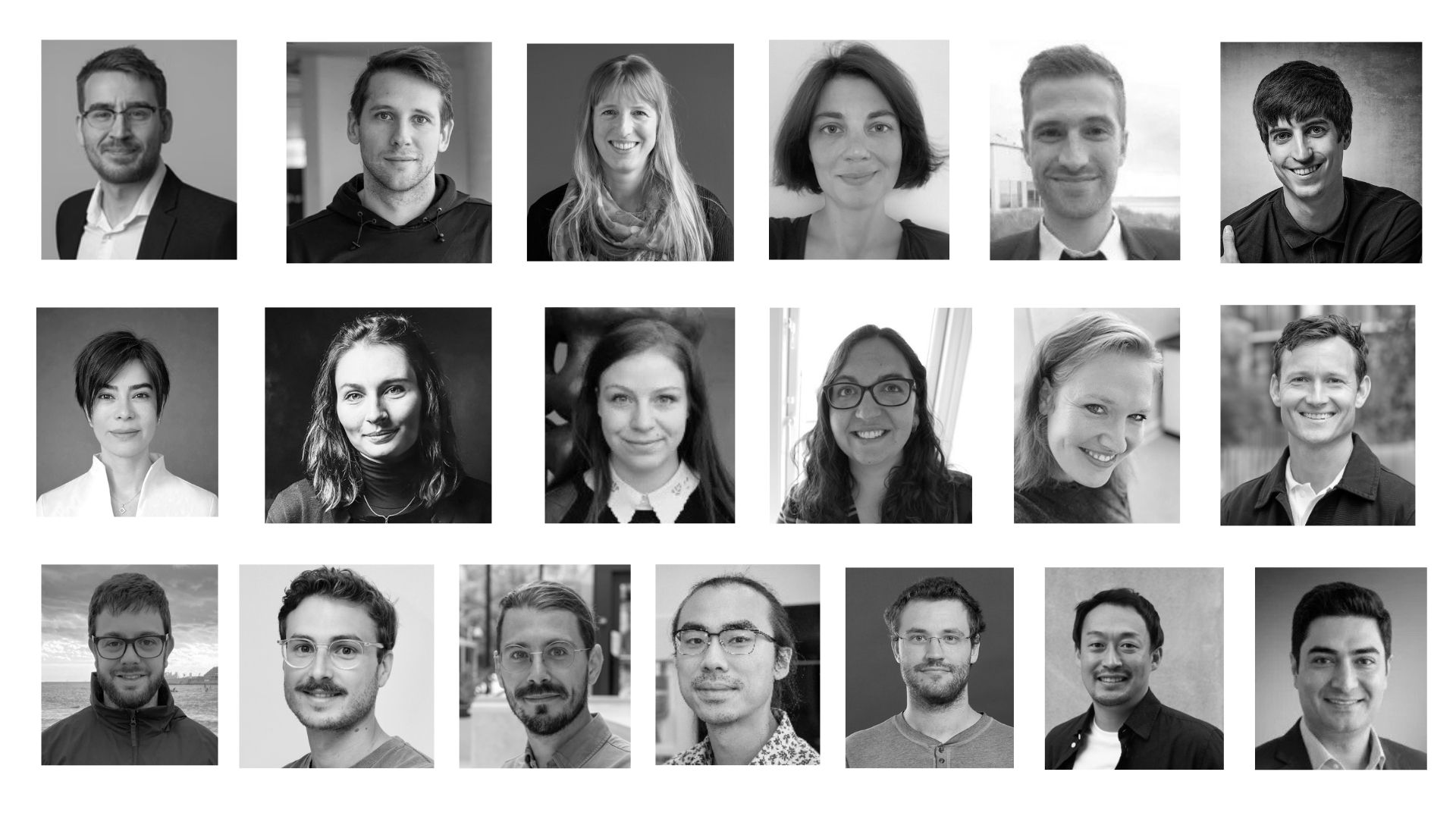 Portrætfoto af de 19 modtagere af ERC Starting Grant sammensat i en fotocollage. Billedet er i sort/hvid farver.