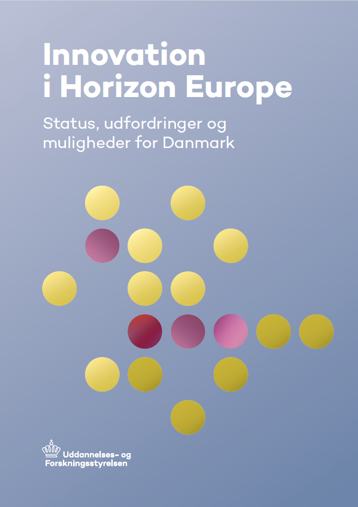 Forside af publikationen 'Innovation i Horizon Europe - status, udfordringer og muligheder for Danmark' Forside.PNG