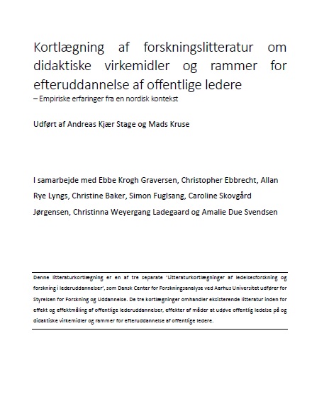 Kortlægningens formål er at etablere et lettilgængeligt overblik over de væsentligste empiriske forskningsartikler og -publikationer inden for temaet ’betydningen af didaktiske virkemidler og rammer for efteruddannelse af ledere i den offentlige sektor’.