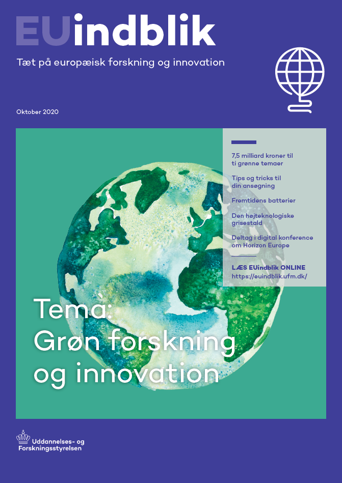 Efterårets udgave af EUindblik ser grønt. Magasinet sætter spot på det grønne opslag på 7,5 milliard kroner i Horizon 2020. Kom bag visionen i opslaget og få fif til din ansøgning. Få to forskers bud på fremtidens grønne løsninger og lyt til digital kickoffkonference om Horizon Europe i november.